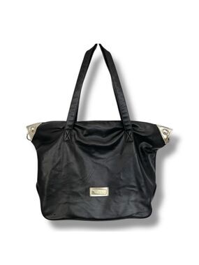 Versace Parfums Black Faux Leather Weekender Travel Tote Bag Gold Hardware